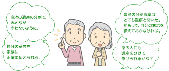 我々の遺産の分割で、みんなが争わないように。/自分の意志を家族に正確に伝えられる。/遺産の分割協議はとても難解と聞いた。前もって、自分の意志を伝えておかなければ。/あの人にも遺産を分けてあげられるかな?